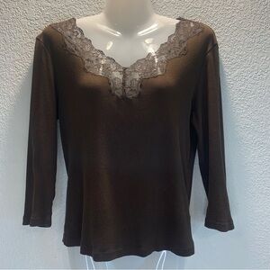 Lauren by Ralph Lauren Women M Brown Y2K Lace Trim, Forest Fairy, Classic, Fall